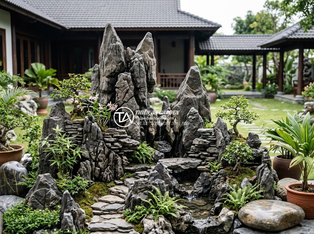 Kỹ thuật đắp núi đá tai mèo tiểu cảnh chuẩn chuyên gia - Hình 2 Kỹ thuật đắp núi đá tai mèo tiểu cảnh chuẩn chuyên gia - Wide angle shot of an elegant miniature cat ear stone mountain integrated into a