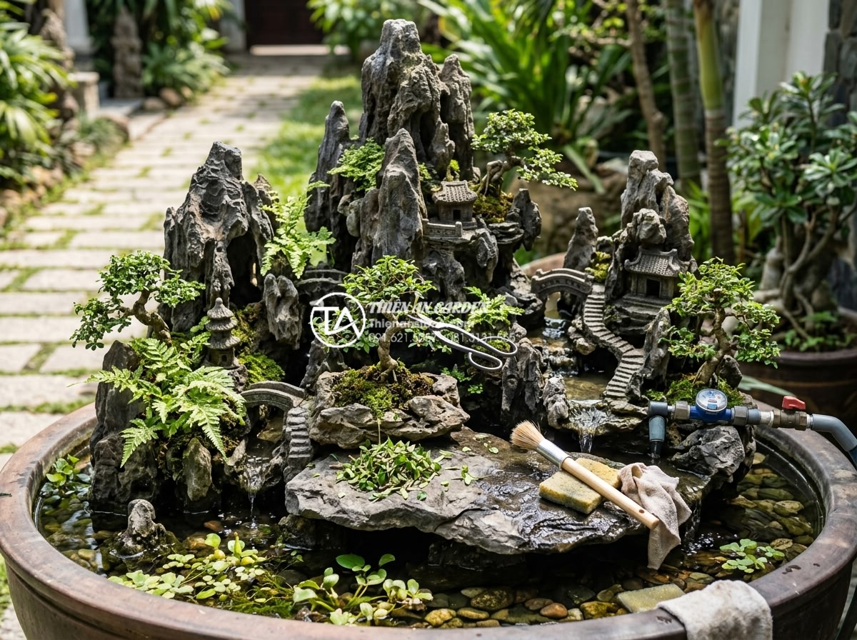 Kỹ thuật đắp núi đá tai mèo tiểu cảnh chuẩn chuyên gia - Hình 21 Kỹ thuật đắp núi đá tai mèo tiểu cảnh chuẩn chuyên gia - Maintenance process demonstration including cleaning, pruning plants, and checki