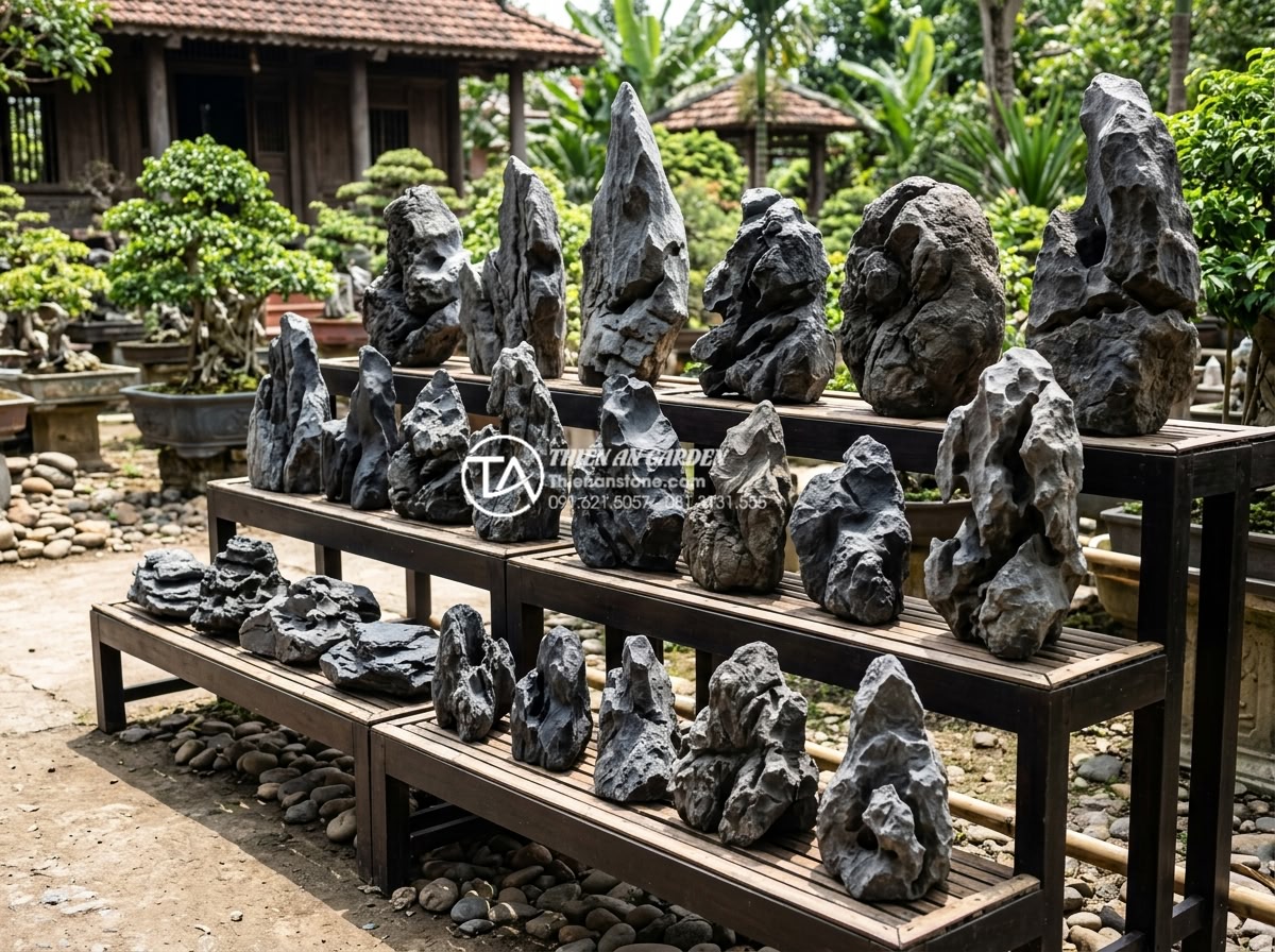 Kỹ thuật đắp núi đá tai mèo tiểu cảnh chuẩn chuyên gia - Hình 4 Kỹ thuật đắp núi đá tai mèo tiểu cảnh chuẩn chuyên gia - Side view illustration of various types of cat ear stones arranged in a professi