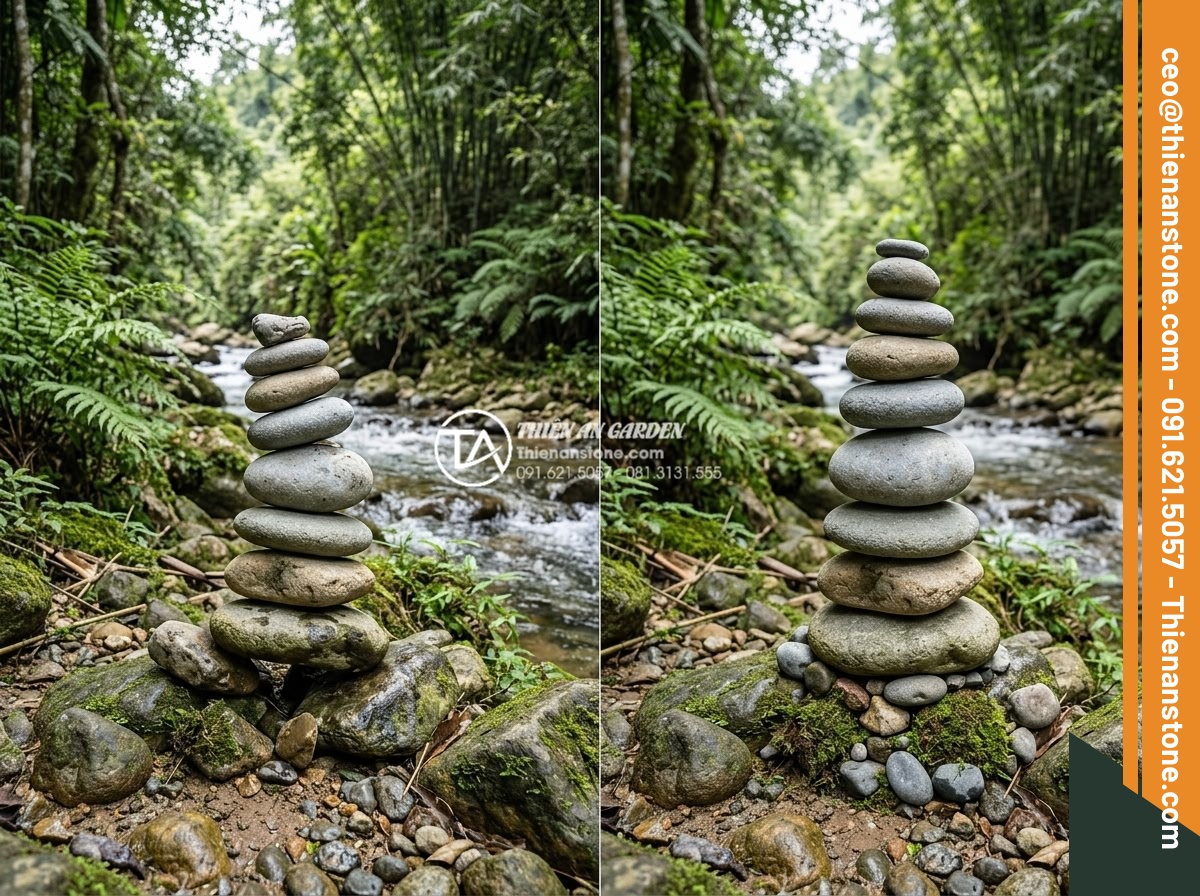 Kỹ thuật xếp chồng đá cuội lớn (Rock Balancing) trong nghệ thuật cảnh quan - Hình 18 Kỹ thuật xếp chồng đá cuội lớn (Rock Balancing) trong nghệ thuật cảnh quan - Before and after maintenance comparison of stable rock stacking with large natur