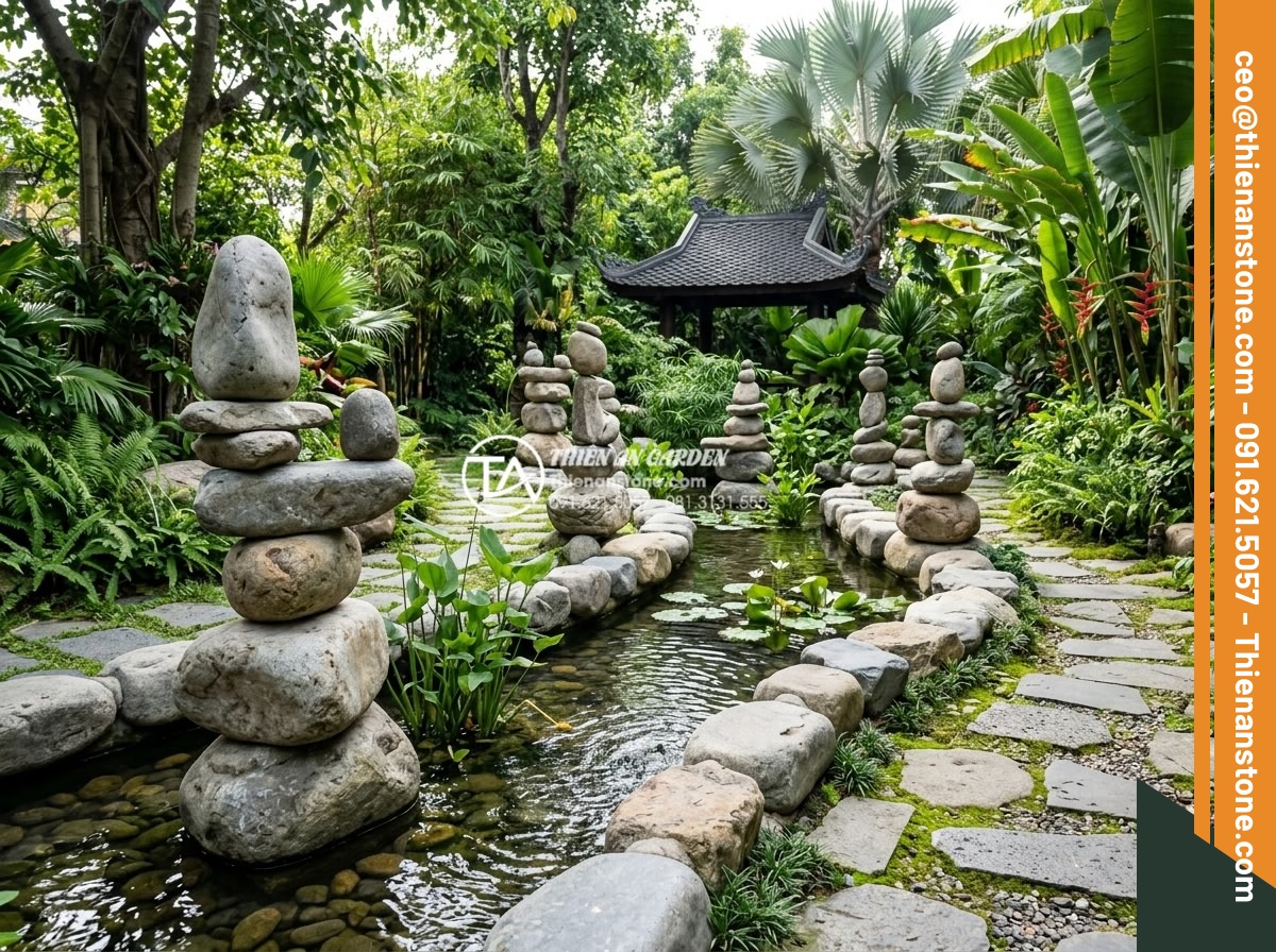 Kỹ thuật xếp chồng đá cuội lớn (Rock Balancing) trong nghệ thuật cảnh quan - Hình 2 Kỹ thuật xếp chồng đá cuội lớn (Rock Balancing) trong nghệ thuật cảnh quan - Wide angle view of multiple rock balancing formations using oversized natural pe