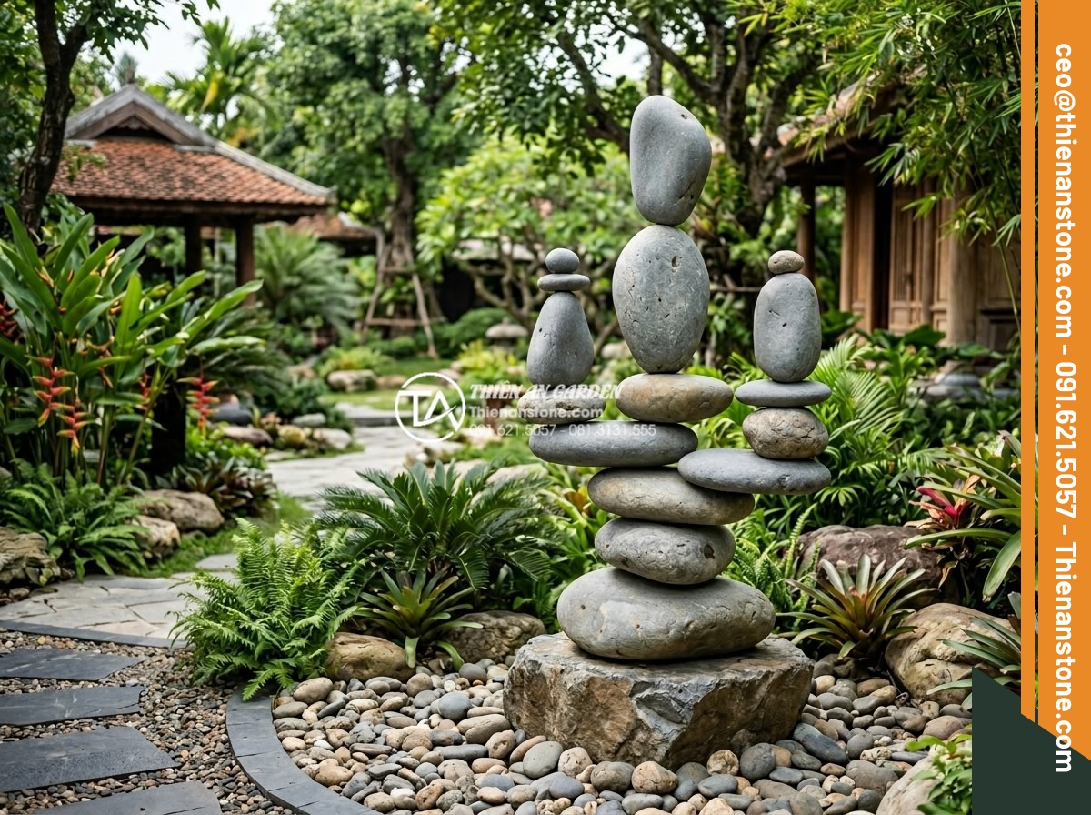 Kỹ thuật xếp chồng đá cuội lớn (Rock Balancing) trong nghệ thuật cảnh quan - Hình 21 Kỹ thuật xếp chồng đá cuội lớn (Rock Balancing) trong nghệ thuật cảnh quan - Professional team from Da Canh Thien An installing large pebble rock balancing i