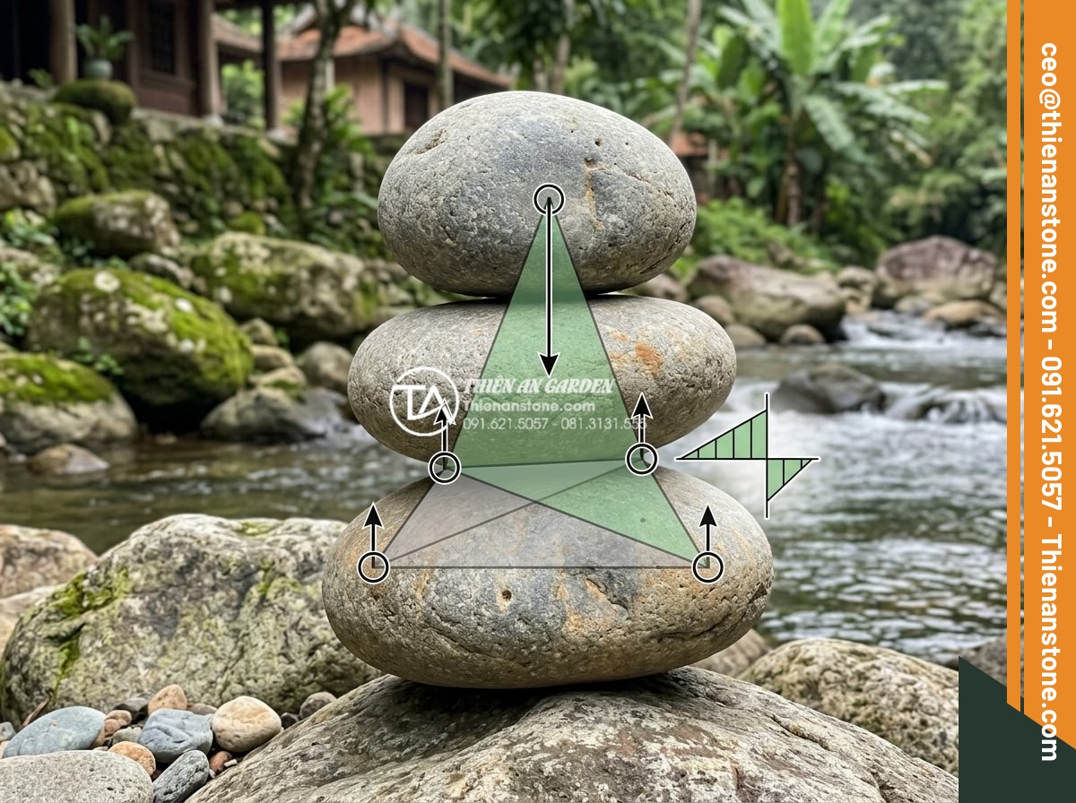 Kỹ thuật xếp chồng đá cuội lớn (Rock Balancing) trong nghệ thuật cảnh quan - Hình 7 Kỹ thuật xếp chồng đá cuội lớn (Rock Balancing) trong nghệ thuật cảnh quan - Diagram style image of rock balancing principles showing tripod contact points o