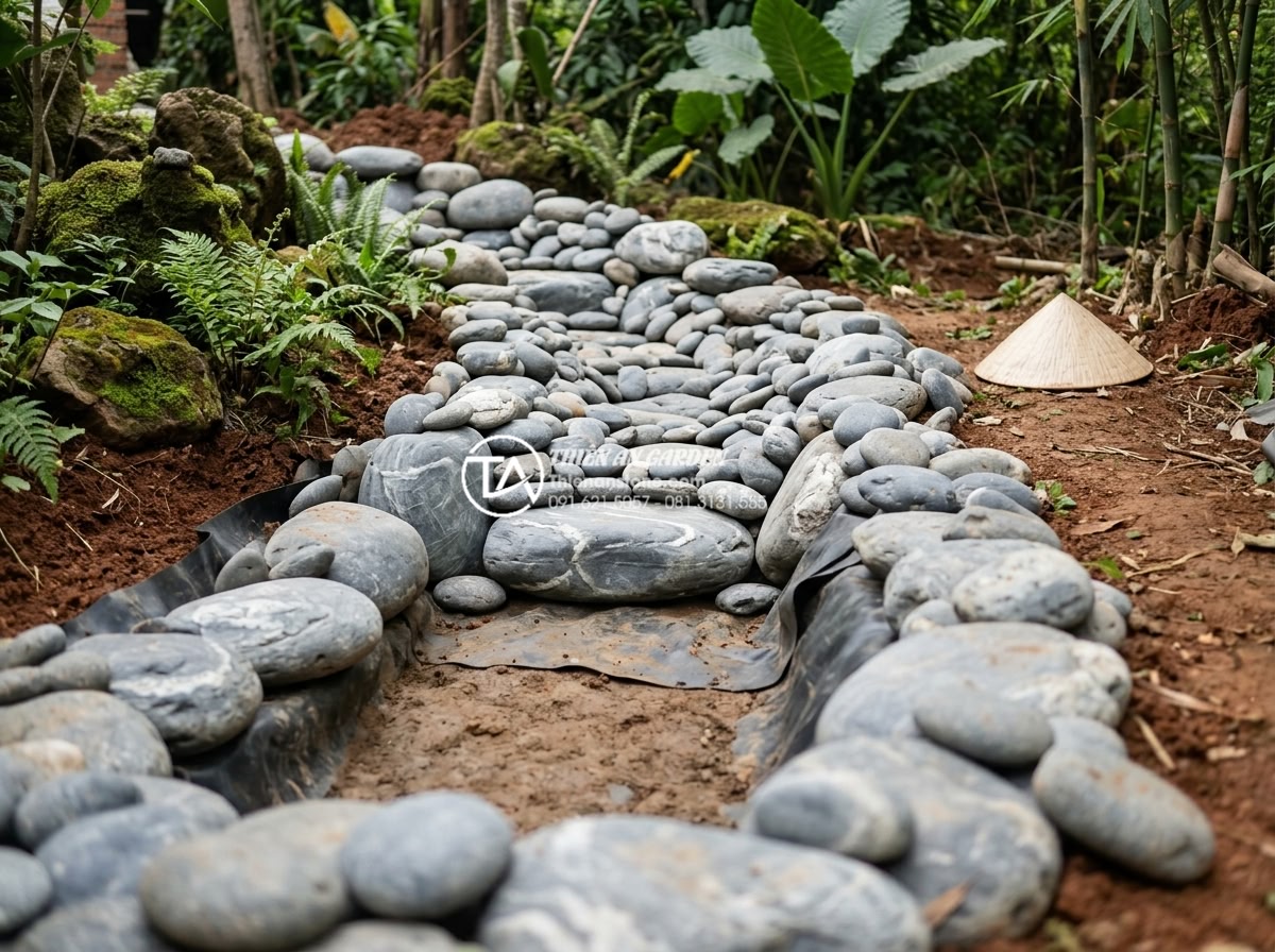 Kỹ thuật xếp layout đá cuội vân mây tạo hiệu ứng dòng chảy tự nhiên - Hình 10 Kỹ thuật xếp layout đá cuội vân mây tạo hiệu ứng dòng chảy tự nhiên - Completed base preparation and initial stone placement showing progressive layer