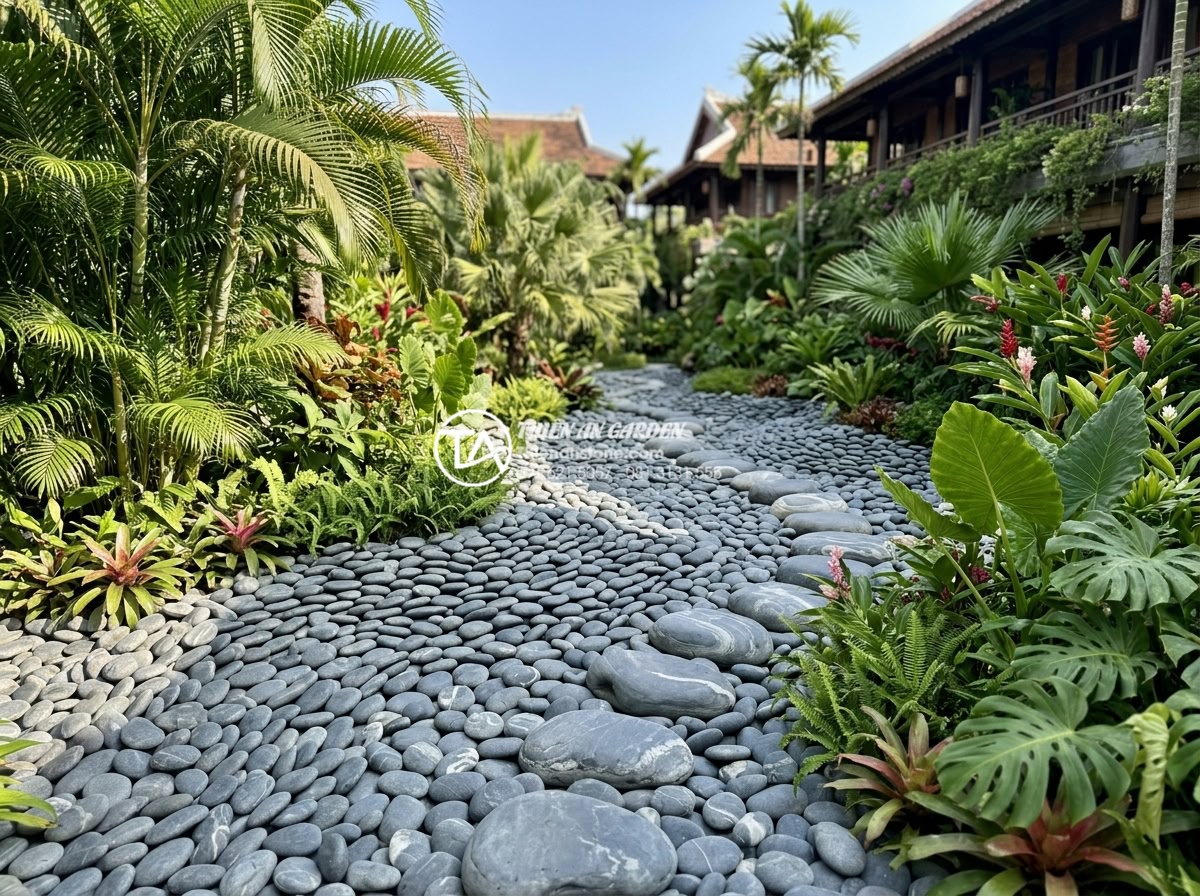 Kỹ thuật xếp layout đá cuội vân mây tạo hiệu ứng dòng chảy tự nhiên - Hình 14 Kỹ thuật xếp layout đá cuội vân mây tạo hiệu ứng dòng chảy tự nhiên - Resort-style non-bo garden featuring extensive pebble stone arrangements with na