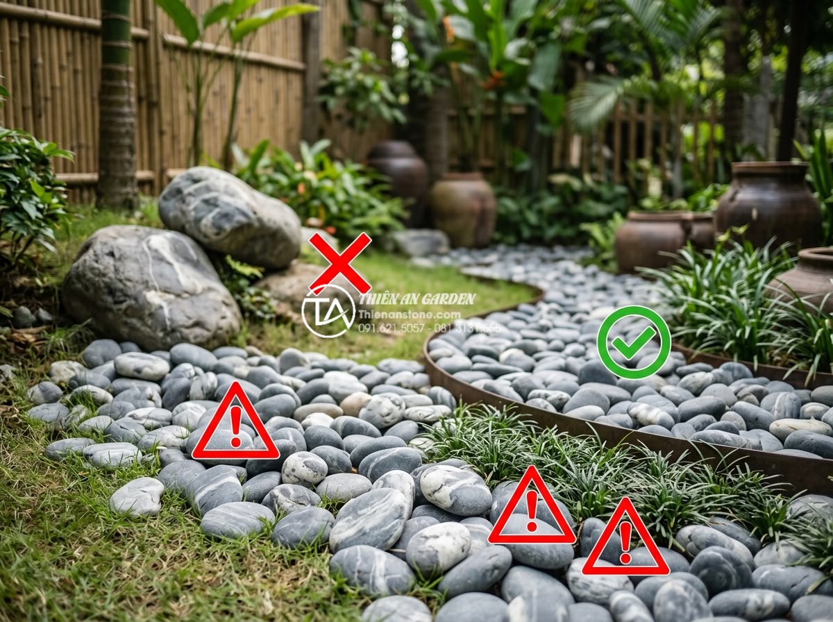 Kỹ thuật xếp layout đá cuội vân mây tạo hiệu ứng dòng chảy tự nhiên - Hình 18 Kỹ thuật xếp layout đá cuội vân mây tạo hiệu ứng dòng chảy tự nhiên - Professional tips illustration photo with warning signs on incorrect pebble ston