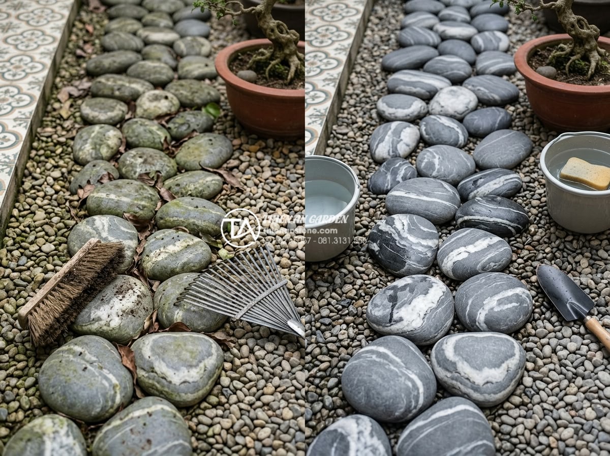 Kỹ thuật xếp layout đá cuội vân mây tạo hiệu ứng dòng chảy tự nhiên - Hình 19 Kỹ thuật xếp layout đá cuội vân mây tạo hiệu ứng dòng chảy tự nhiên - Maintenance process photo showing cleaning and upkeep of cloud-veined pebble sto