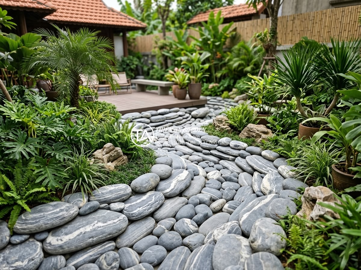 Kỹ thuật xếp layout đá cuội vân mây tạo hiệu ứng dòng chảy tự nhiên - Hình 2 Kỹ thuật xếp layout đá cuội vân mây tạo hiệu ứng dòng chảy tự nhiên - Wide angle view of a modern Vietnamese garden featuring arranged cloud-veined pe