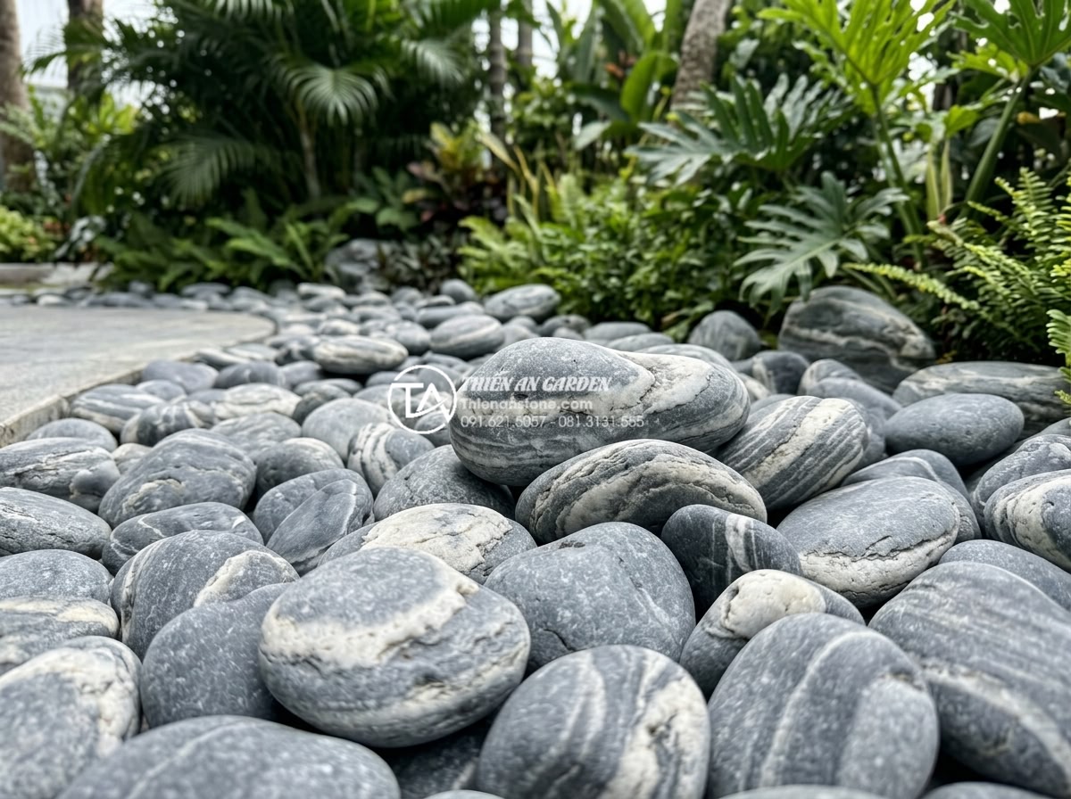 Kỹ thuật xếp layout đá cuội vân mây tạo hiệu ứng dòng chảy tự nhiên - Hình 21 Kỹ thuật xếp layout đá cuội vân mây tạo hiệu ứng dòng chảy tự nhiên - Professional team from Da Canh Thien An installing high-quality cloud-veined peb