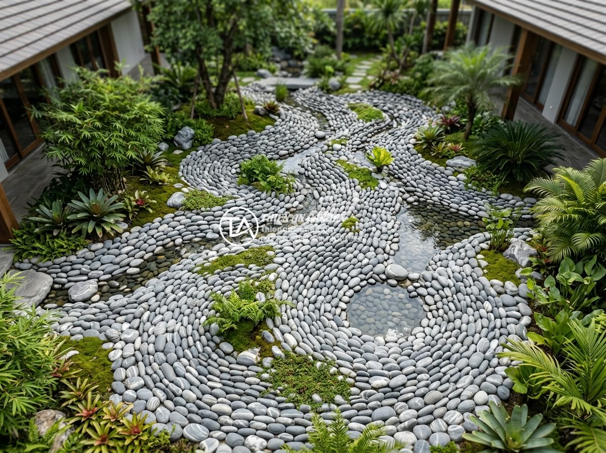 Kỹ thuật xếp layout đá cuội vân mây tạo hiệu ứng dòng chảy tự nhiên - Hình 3 Kỹ thuật xếp layout đá cuội vân mây tạo hiệu ứng dòng chảy tự nhiên - Detailed aerial view of pebble stone layout technique demonstrating natural wate