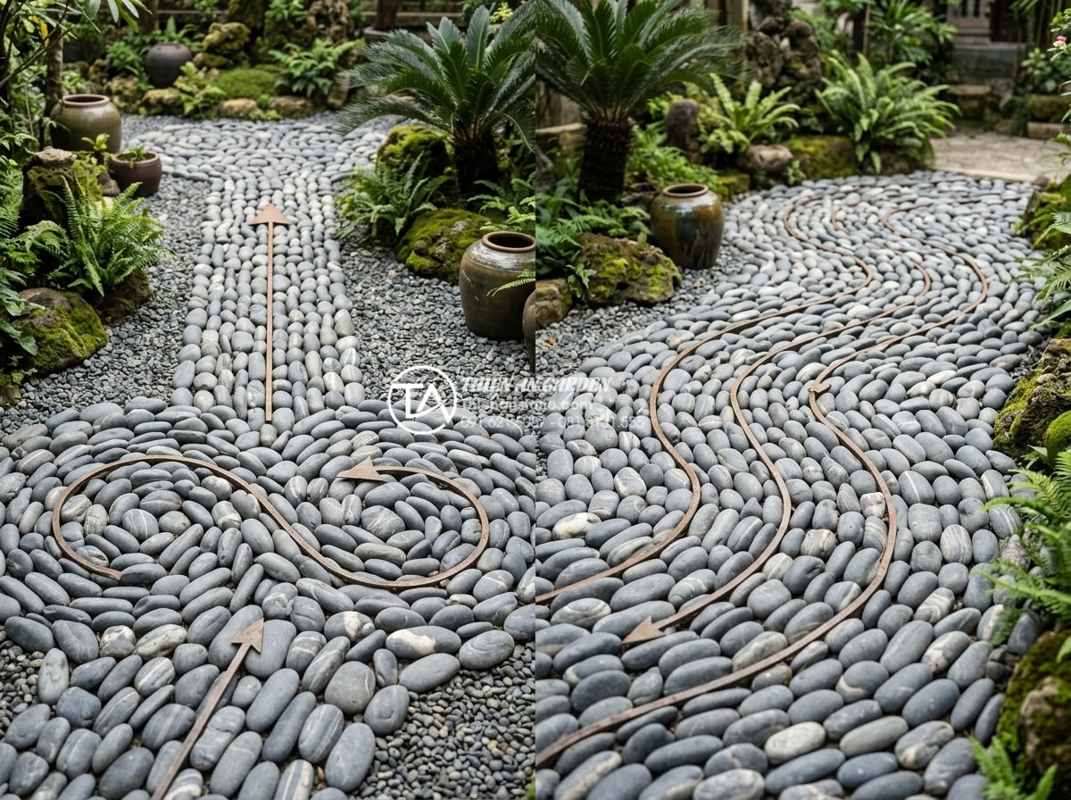 Kỹ thuật xếp layout đá cuội vân mây tạo hiệu ứng dòng chảy tự nhiên - Hình 7 Kỹ thuật xếp layout đá cuội vân mây tạo hiệu ứng dòng chảy tự nhiên - Diagram-like realistic photo illustrating basic principles of pebble stone arran
