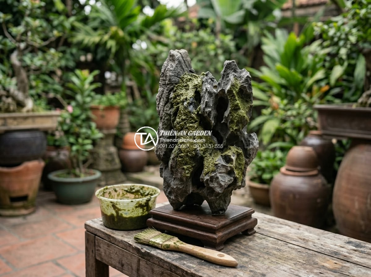 Mẹo tạo rêu xanh tự nhiên trên đá tai mèo bonsai cực đơn giản - DIY moss slurry mixture being applied with brush onto prepared cat ear stone bon