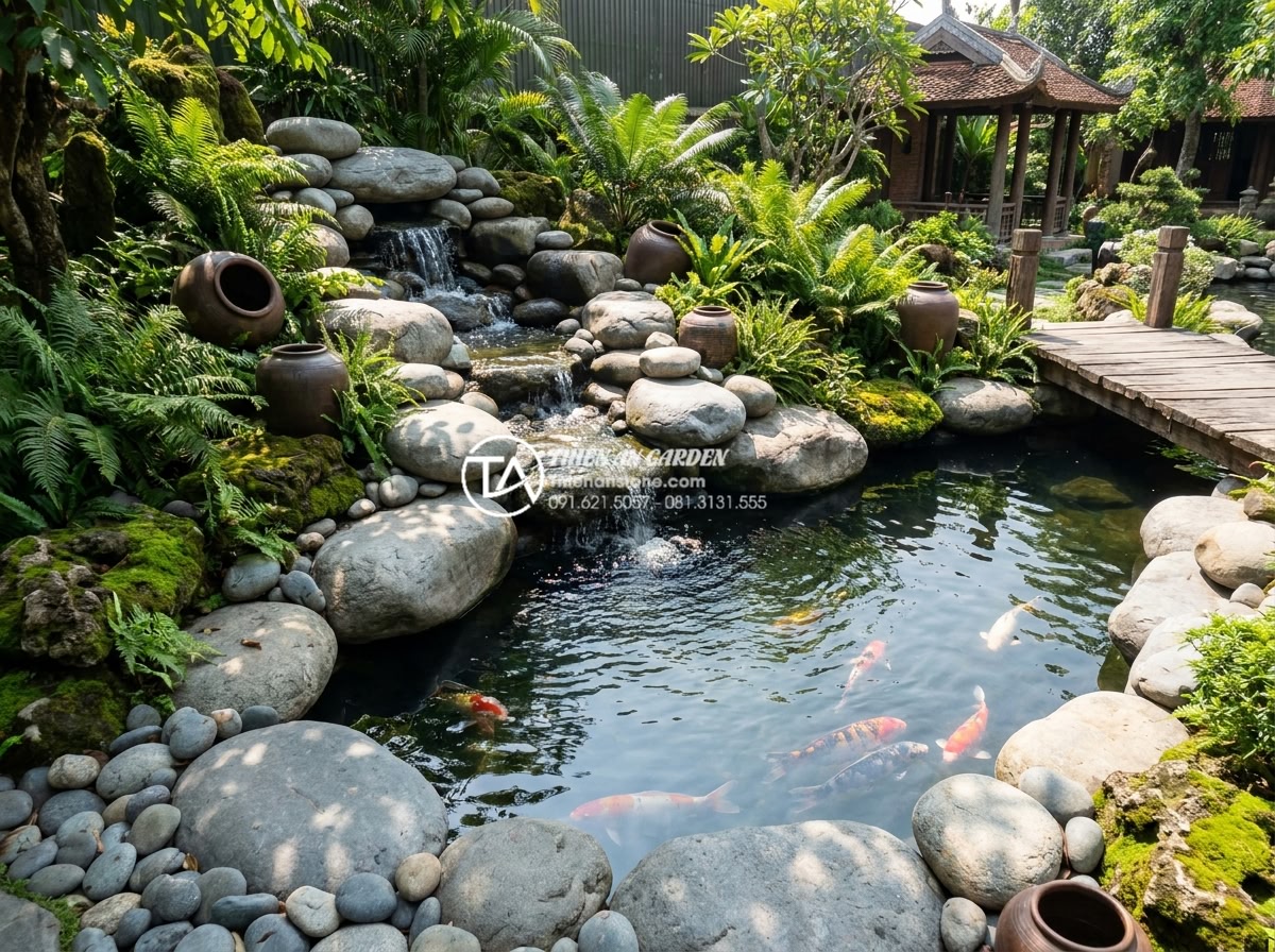 Mua đá cuội lớn ở đâu? Kinh nghiệm chọn đá cuội to cho hồ cá Koi - Wide angle shot of oversized natural boulders and large pebbles arranged artisti