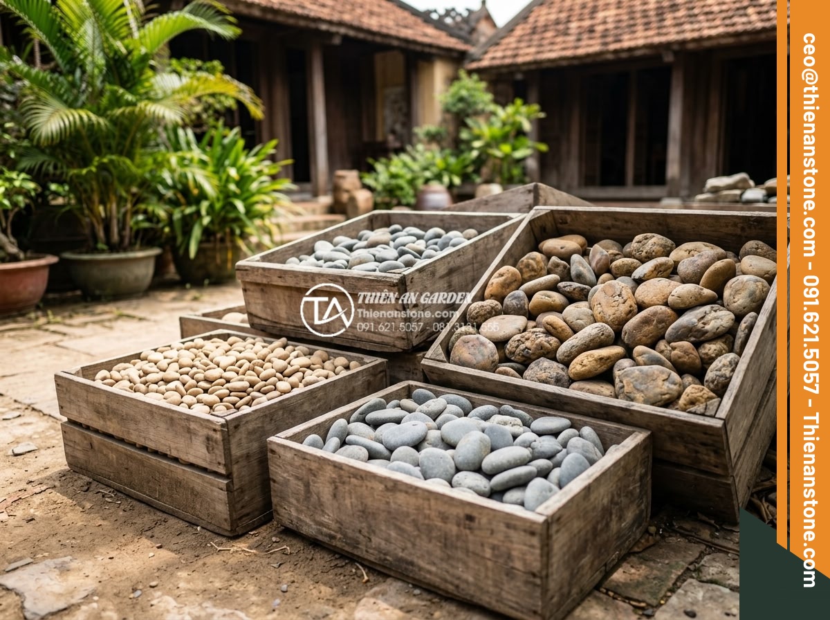 Mua đá cuội suối giá rẻ ở đâu tại TPHCM và Hà Nội? Review kho đá uy tín - Hình 3 Mua đá cuội suối giá rẻ ở đâu tại TPHCM và Hà Nội? Review kho đá uy tín - Variety of sorted river pebbles categorized by size and color including small be