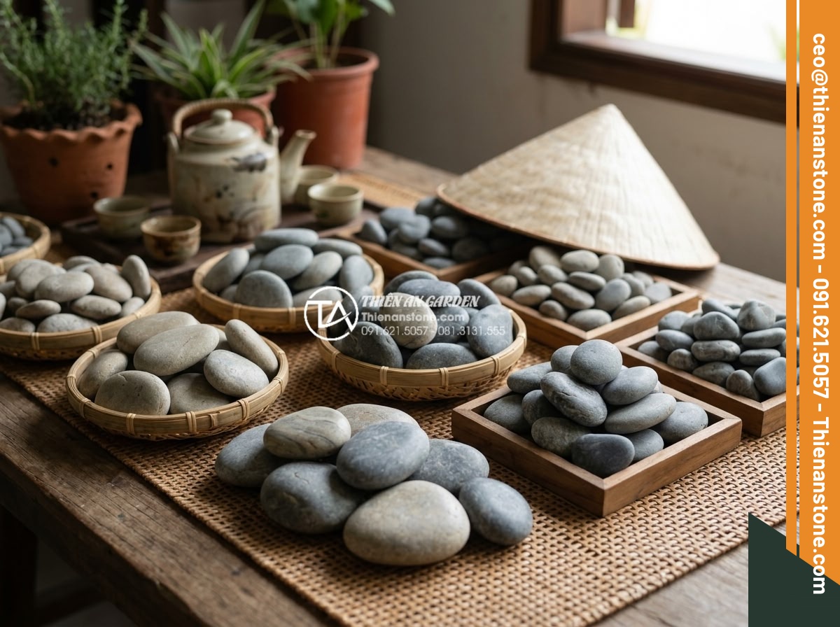 Mua đá cuội suối giá rẻ ở đâu tại TPHCM và Hà Nội? Review kho đá uy tín - Hình 4 Mua đá cuội suối giá rẻ ở đâu tại TPHCM và Hà Nội? Review kho đá uy tín - Professional display of different types of natural stream pebbles from Vietnames