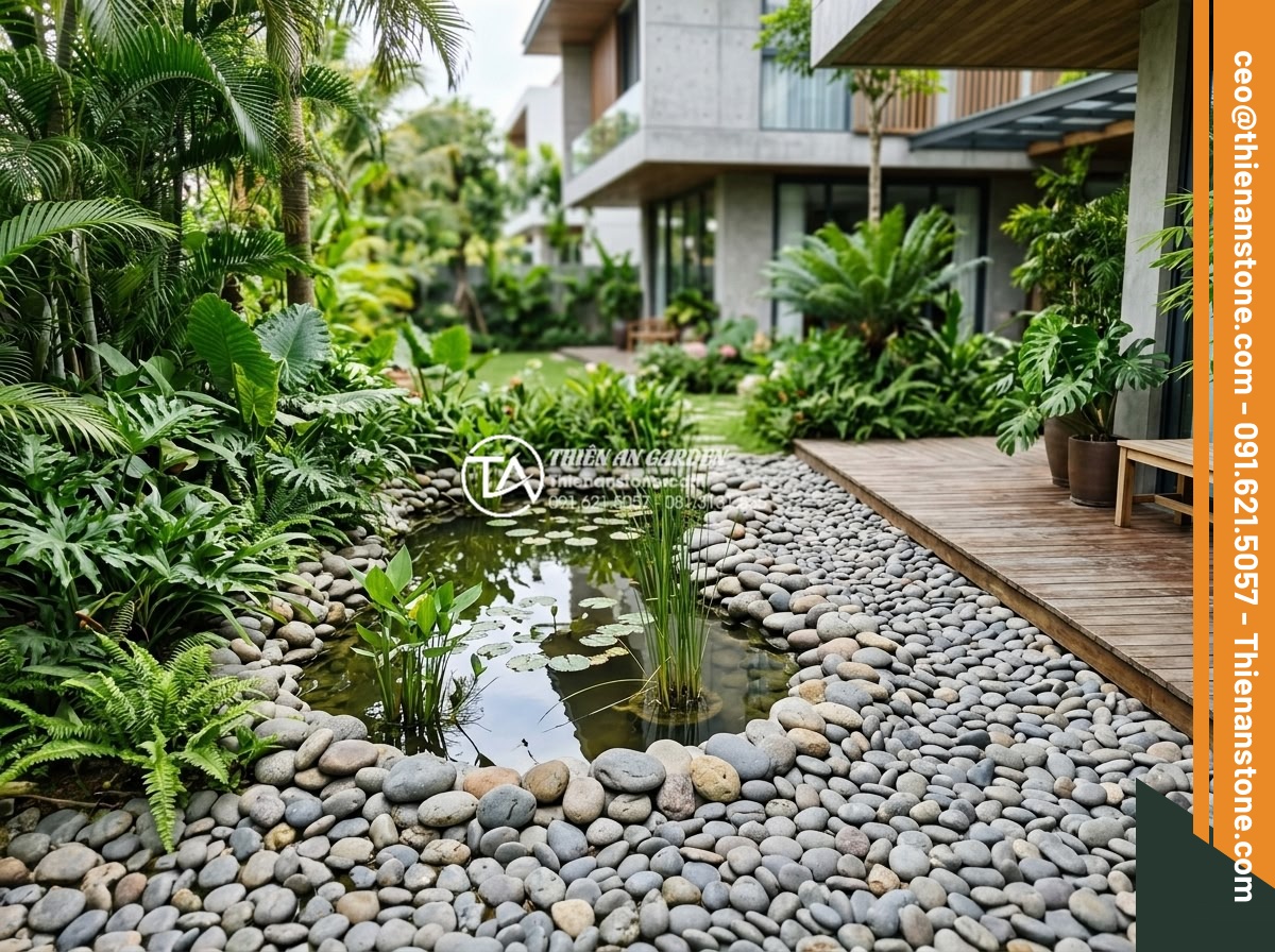 Mua đá cuội suối giá rẻ ở đâu tại TPHCM và Hà Nội? Review kho đá uy tín - Hình 5 Mua đá cuội suối giá rẻ ở đâu tại TPHCM và Hà Nội? Review kho đá uy tín - Beautiful garden landscape featuring river pebbles arranged around a small pond