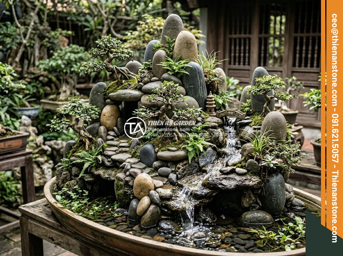 Mua đá cuội suối giá rẻ ở đâu tại TPHCM và Hà Nội? Review kho đá uy tín - Hình 8 Mua đá cuội suối giá rẻ ở đâu tại TPHCM và Hà Nội? Review kho đá uy tín - Artistic rockery and miniature landscape made from large natural river pebbles c