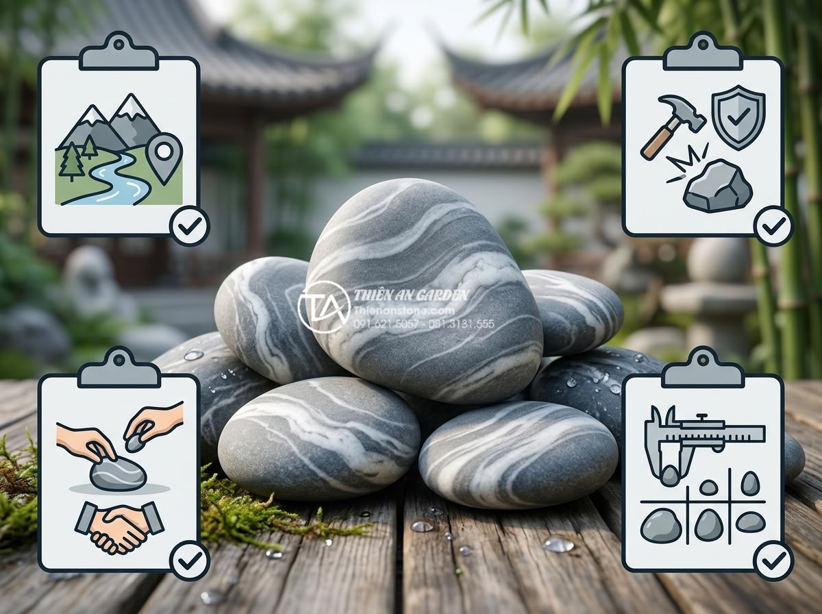 Mua đá cuội vân mây ở đâu? Top 5 địa chỉ cung cấp uy tín, giá sỉ - Checklist graphic illustration with icons for origin, durability, size uniformit