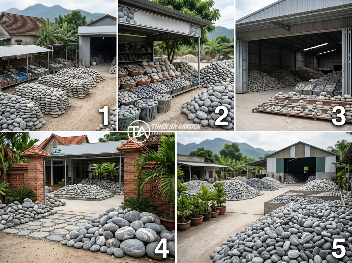 Mua đá cuội vân mây ở đâu? Top 5 địa chỉ cung cấp uy tín, giá sỉ - Collage of top 5 stone suppliers storefronts and warehouse displays featuring cl