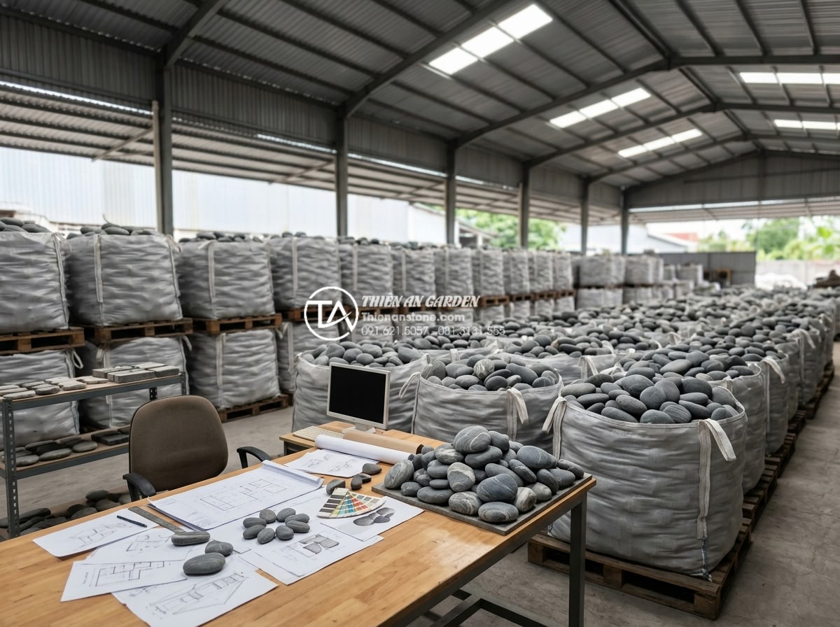 Mua đá cuội vân mây ở đâu? Top 5 địa chỉ cung cấp uy tín, giá sỉ - Professional company branding photo of Da Canh Thien An warehouse stocked with p