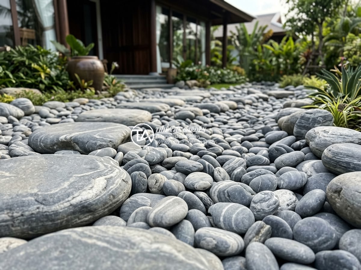 Mua đá cuội vân mây ở đâu? Top 5 địa chỉ cung cấp uy tín, giá sỉ - Luxury completed project by Thien An Stone featuring extensive cloud pebble ston