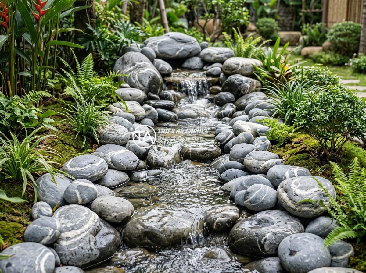 Mua đá cuội vân mây ở đâu? Top 5 địa chỉ cung cấp uy tín, giá sỉ - Completed natural flowing stream effect created with expertly arranged cloud vei