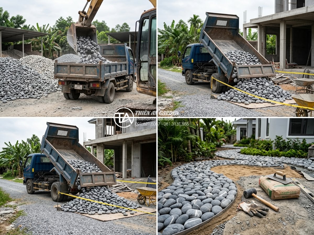 Mua đá cuội vân mây ở đâu? Top 5 địa chỉ cung cấp uy tín, giá sỉ - Logistics and installation process photos showing truck loading of pebble stones