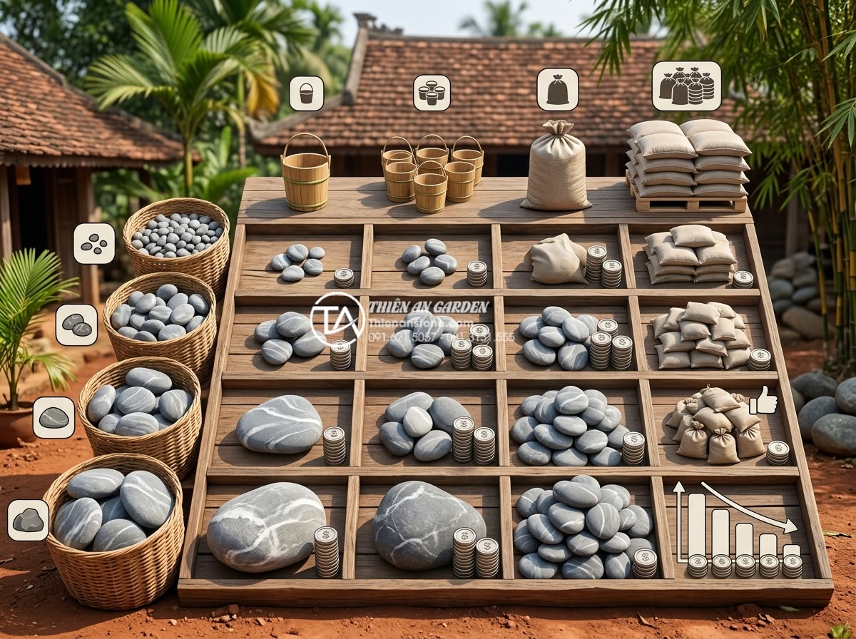 Mua đá cuội vân mây ở đâu? Top 5 địa chỉ cung cấp uy tín, giá sỉ - Pricing table and cost breakdown infographic for wholesale cloud pebble stones i