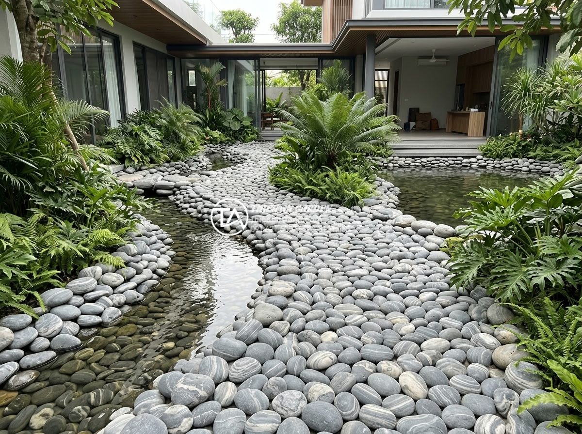 Mua đá cuội vân mây ở đâu? Top 5 địa chỉ cung cấp uy tín, giá sỉ - Wide angle view of trendy modern Vietnamese villa garden featuring extensive use