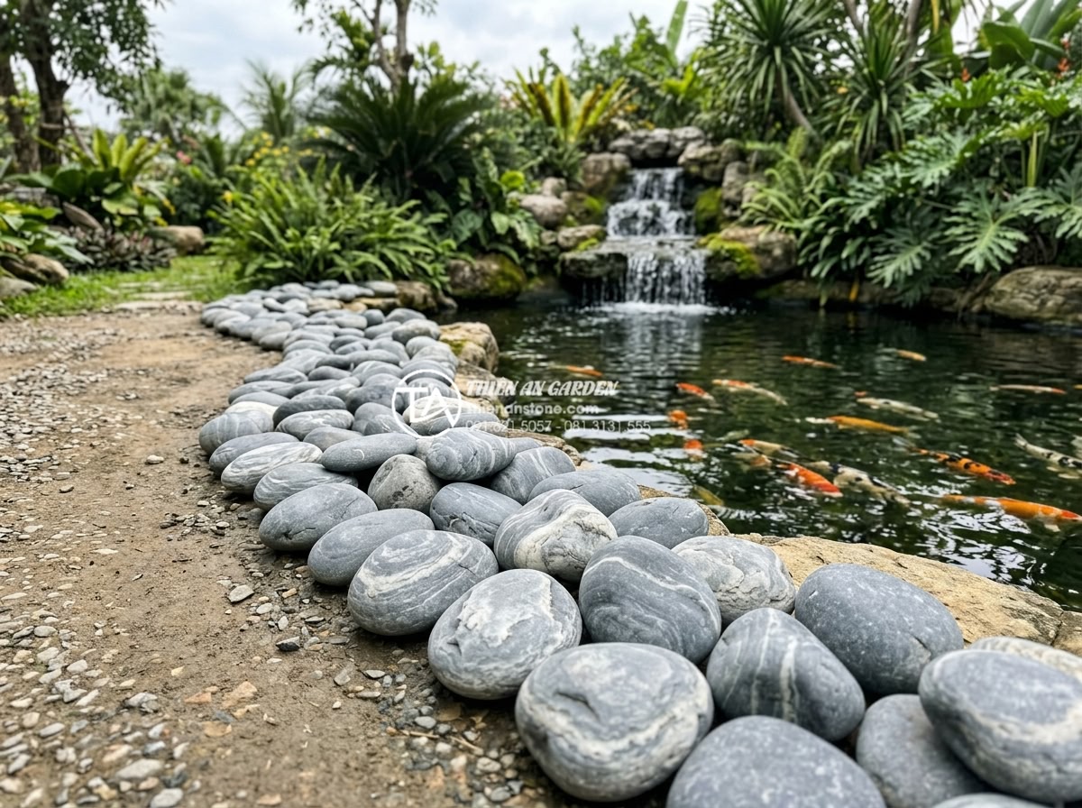 Mua đá cuội vân mây ở đâu? Top 5 địa chỉ cung cấp uy tín, giá sỉ - Realistic application photo of cloud veined pebble stones used as pathway border