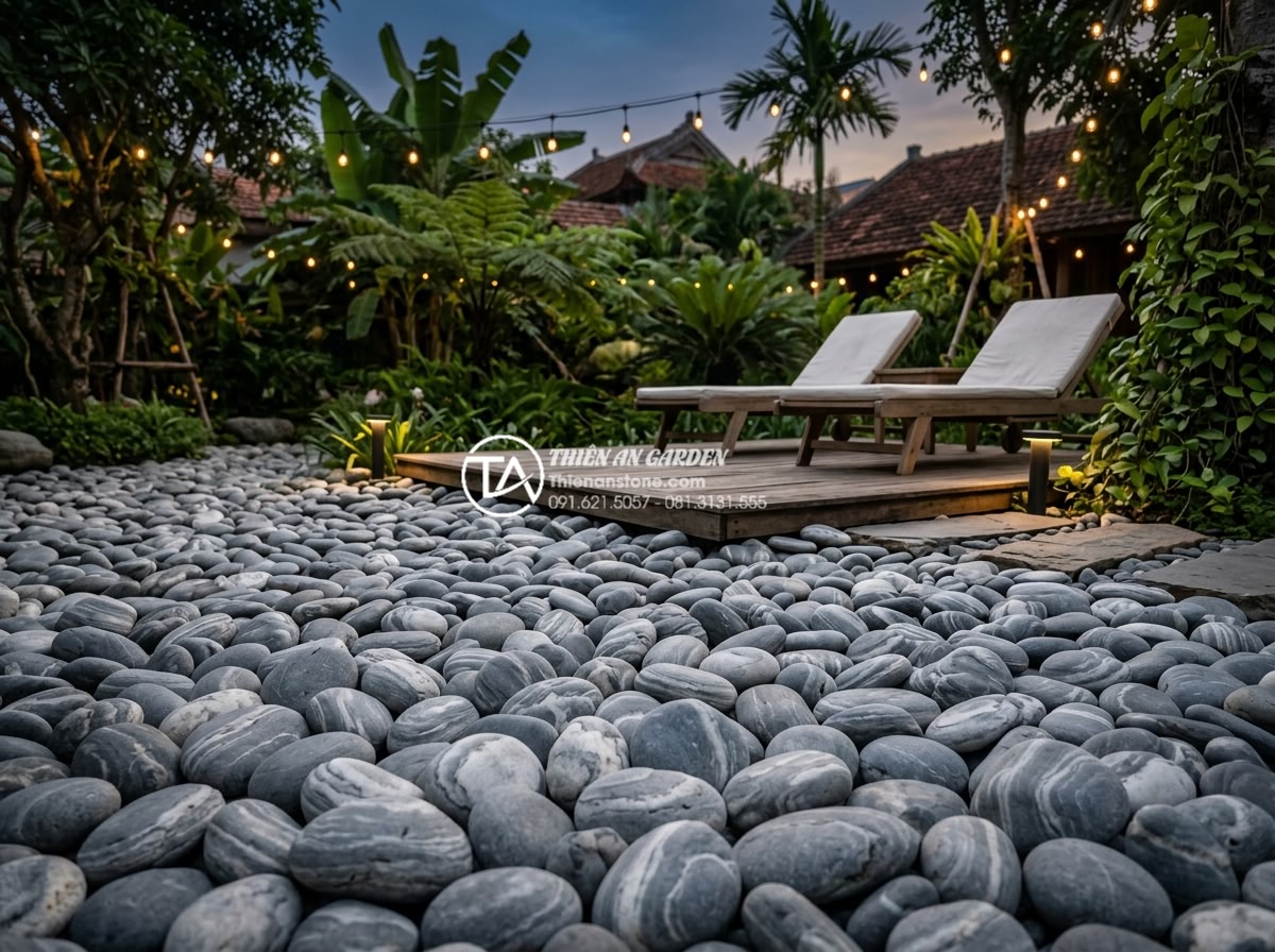 Mua đá cuội vân mây ở đâu? Top 5 địa chỉ cung cấp uy tín, giá sỉ - Aesthetic garden relaxation area featuring cloud patterned pebbles as ground cov