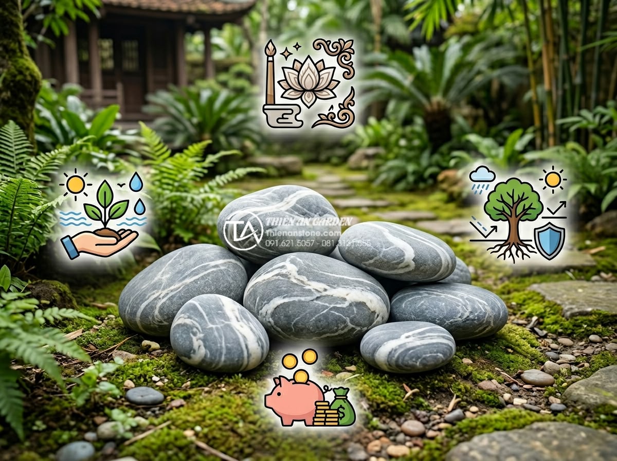 Mua đá cuội vân mây ở đâu? Top 5 địa chỉ cung cấp uy tín, giá sỉ - Infographic style visual of multiple benefits icons around cloud pebble stones i