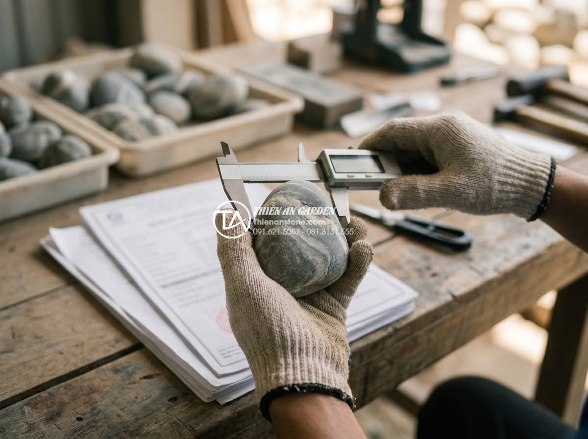 Mua đá cuội vân mây ở đâu? Top 5 địa chỉ cung cấp uy tín, giá sỉ - Quality inspection close-up of premium cloud pebble stones being measured and ex