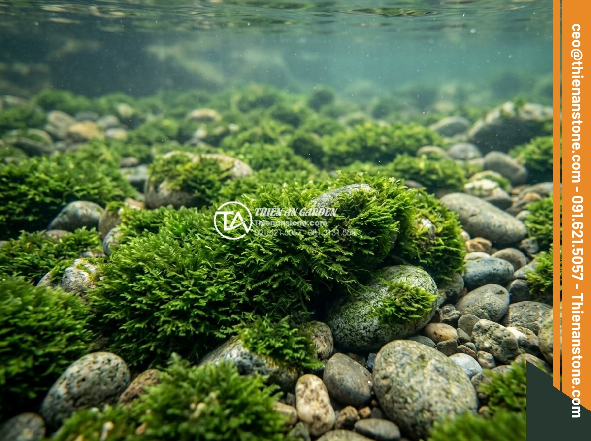 Những loại cây thủy sinh cực hợp với layout đá cuội trong bể Biotop - Dense Christmas Moss covering river pebbles with fine detailed texture underwate