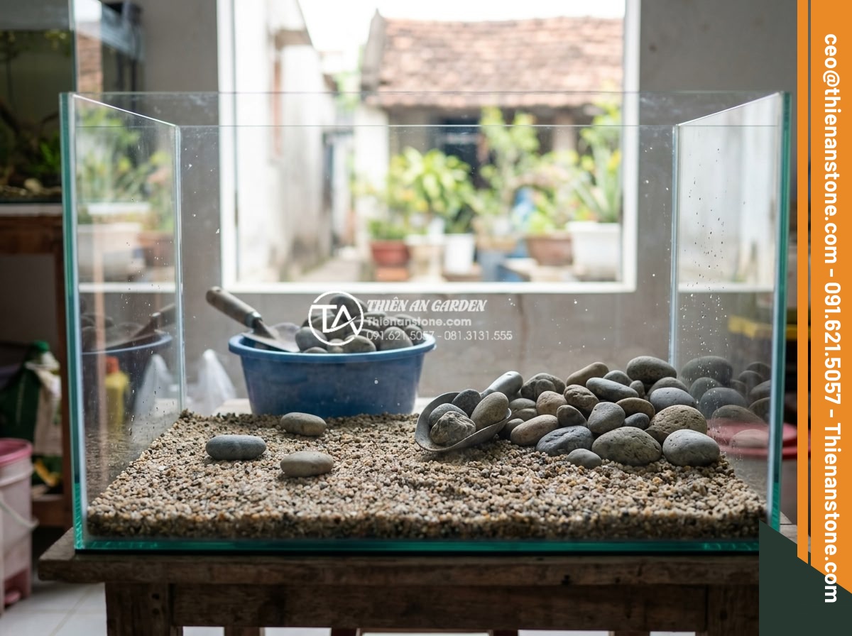Những loại cây thủy sinh cực hợp với layout đá cuội trong bể Biotop - Step-by-step preparation of pebble substrate with sand base layer in an empty aq