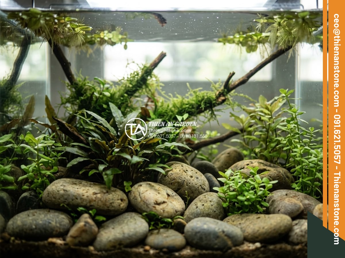 Những loại cây thủy sinh cực hợp với layout đá cuội trong bể Biotop - Aquarium lighting setup illuminating pebble stones and various aquatic plants in
