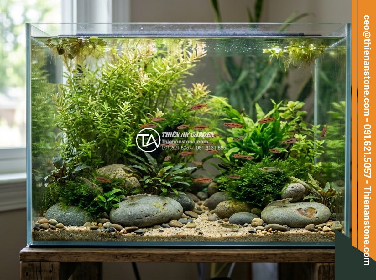 Những loại cây thủy sinh cực hợp với layout đá cuội trong bể Biotop - Fully established biotope aquarium with mature aquatic plants and natural pebble
