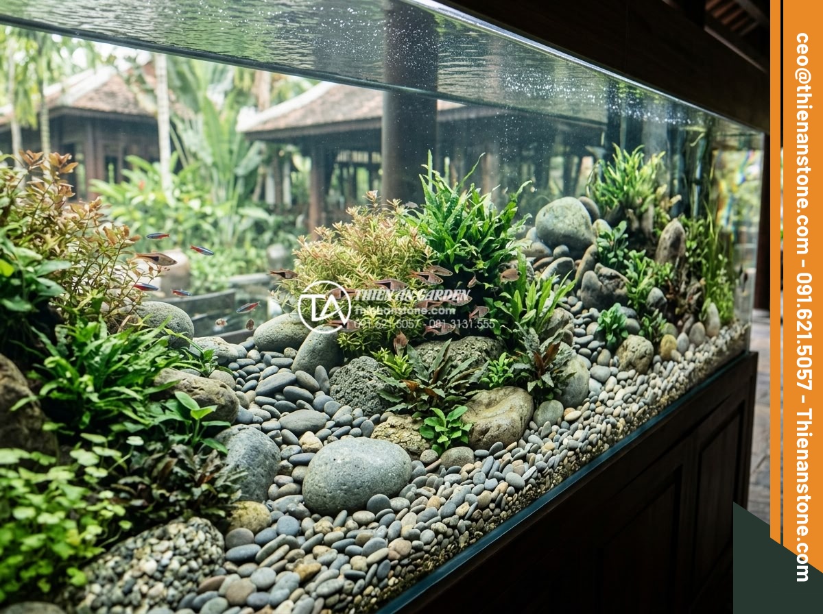 Những loại cây thủy sinh cực hợp với layout đá cuội trong bể Biotop - Large scale resort biotope aquarium featuring extensive pebble layout and divers
