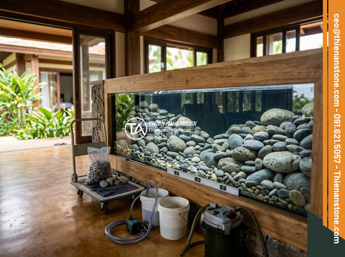 Những loại cây thủy sinh cực hợp với layout đá cuội trong bể Biotop - Professional team installing a custom pebble stone biotope aquarium in a luxury 