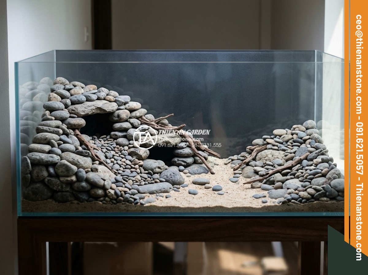 Những loại cây thủy sinh cực hợp với layout đá cuội trong bể Biotop - Wide angle shot of an empty biotope tank setup with various sizes of natural peb