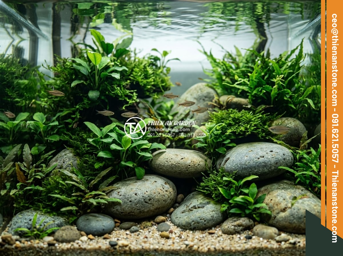 Những loại cây thủy sinh cực hợp với layout đá cuội trong bể Biotop - Vibrant biotope aquarium with lush green aquatic plants growing around and on to