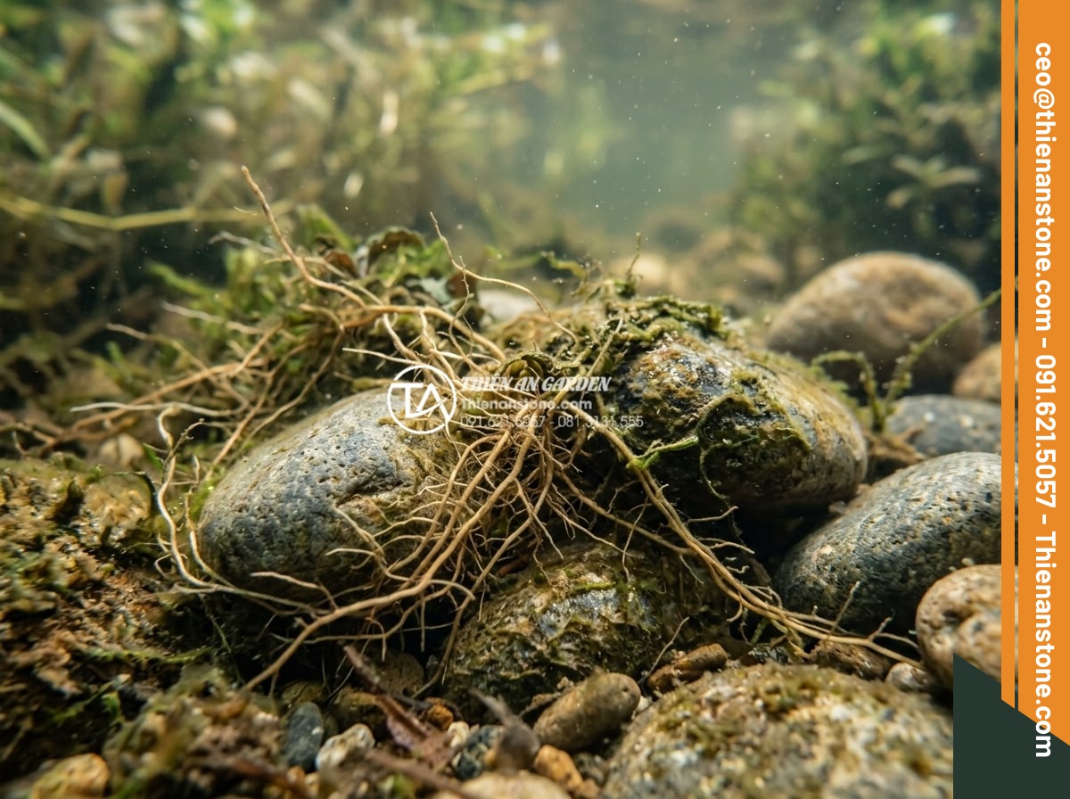Những loại cây thủy sinh cực hợp với layout đá cuội trong bể Biotop - Underwater macro shot showing roots of aquatic plants intertwined with pebble st