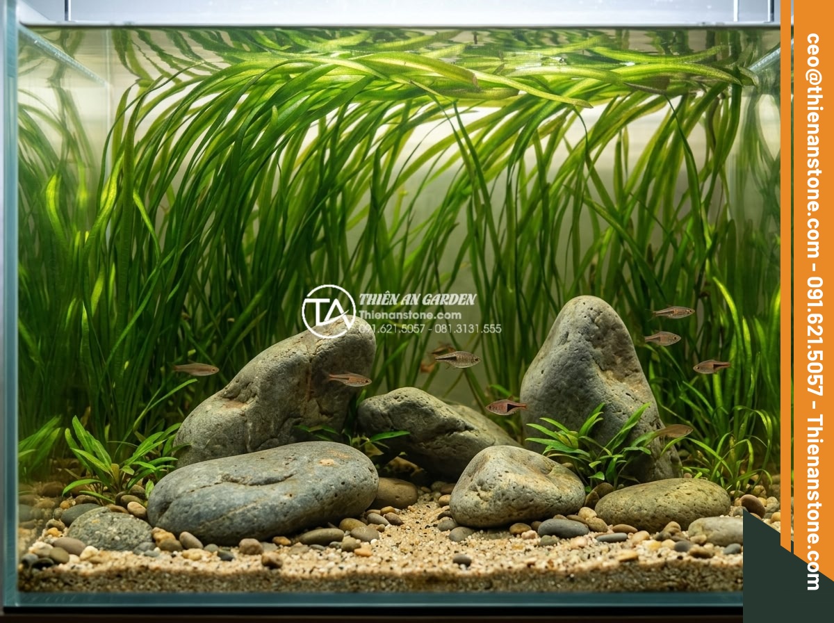 Những loại cây thủy sinh cực hợp với layout đá cuội trong bể Biotop - Tall Vallisneria plants forming dense background behind arranged pebble stones i