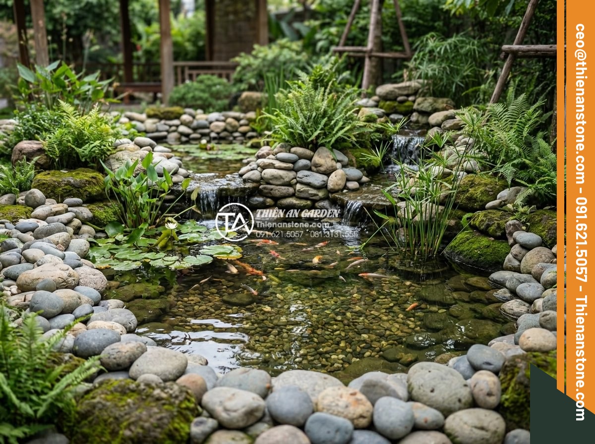 Setup bể đá cuội Biotop: Những lỗi thường gặp khiến cá chết và cách xử lý - Hình 4 Setup bể đá cuội Biotop: Những lỗi thường gặp khiến cá chết và cách xử lý - Detailed landscape view of a mature biotop stone pond with pebble base, flowing
