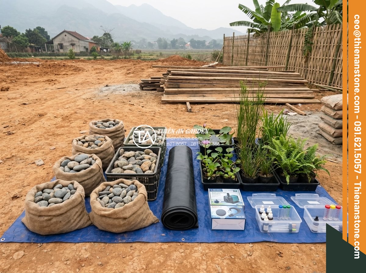 Setup bể đá cuội Biotop: Những lỗi thường gặp khiến cá chết và cách xử lý - Hình 5 Setup bể đá cuội Biotop: Những lỗi thường gặp khiến cá chết và cách xử lý - Professional preparation materials for biotop pond setup including sorted natura