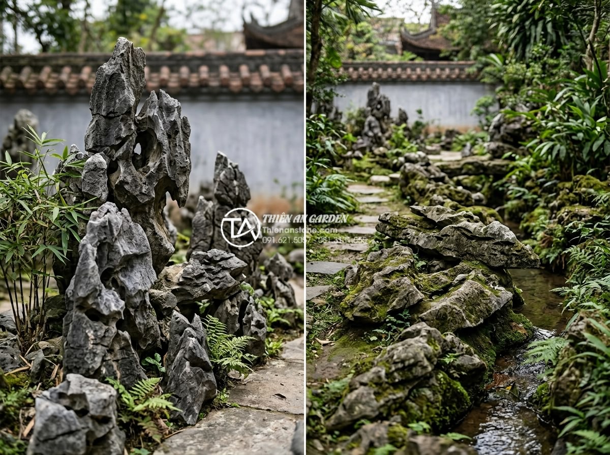 So sánh đá tai mèo Hà Giang và đá tai mèo Cúc Phương: Loại nào đẹp hơn? - Split image comparing aesthetic appeal of Ha Giang and Cuc Phuong stones in iden