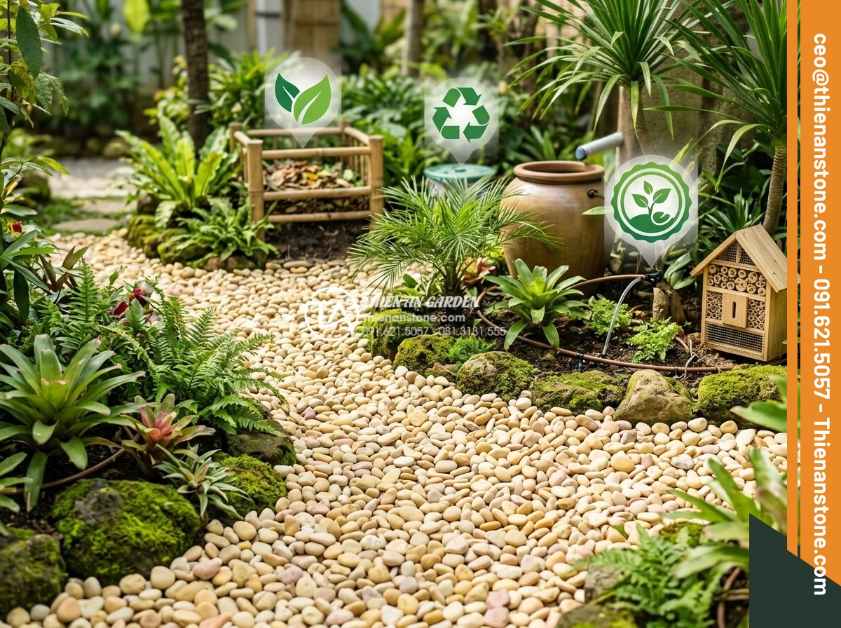So sánh sỏi cuội suối và sỏi quay nhân tạo: Nên chọn loại nào cho sân vườn? - Hình 12 So sánh sỏi cuội suối và sỏi quay nhân tạo: Nên chọn loại nào cho sân vườn? - Eco-friendly garden scene using both natural and artificial pebbles with green c