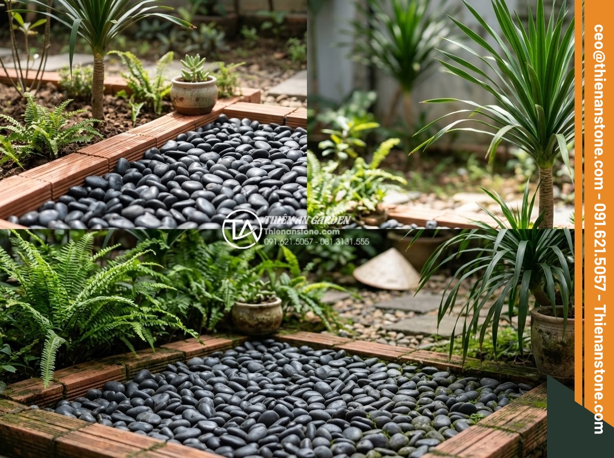 So sánh sỏi cuội suối và sỏi quay nhân tạo: Nên chọn loại nào cho sân vườn? - Hình 14 So sánh sỏi cuội suối và sỏi quay nhân tạo: Nên chọn loại nào cho sân vườn? - Long-term installed garden pebbles showing minimal wear after years of use with