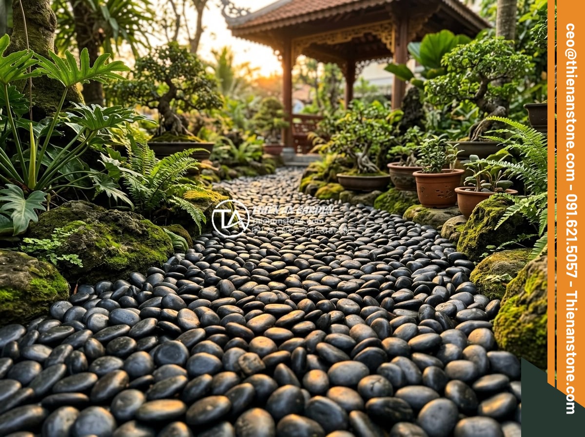 So sánh sỏi cuội suối và sỏi quay nhân tạo: Nên chọn loại nào cho sân vườn? - Hình 16 So sánh sỏi cuội suối và sỏi quay nhân tạo: Nên chọn loại nào cho sân vườn? - Beautiful garden landscaping with mixed pebble types highlighting color and text