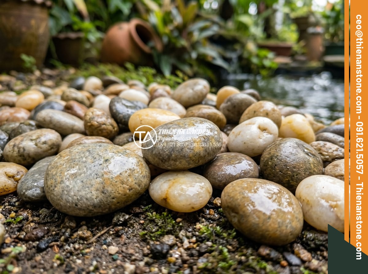 So sánh sỏi cuội suối và sỏi quay nhân tạo: Nên chọn loại nào cho sân vườn? - Hình 3 So sánh sỏi cuội suối và sỏi quay nhân tạo: Nên chọn loại nào cho sân vườn? - Close-up macro photography of authentic natural river pebbles with varied smooth